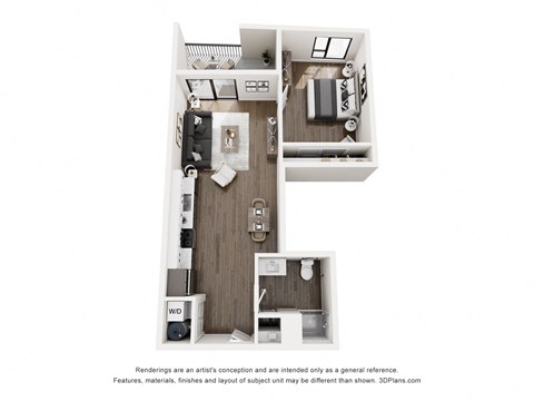 A 3D floor plan of a small apartment with a kitchen, living room, and bathroom.